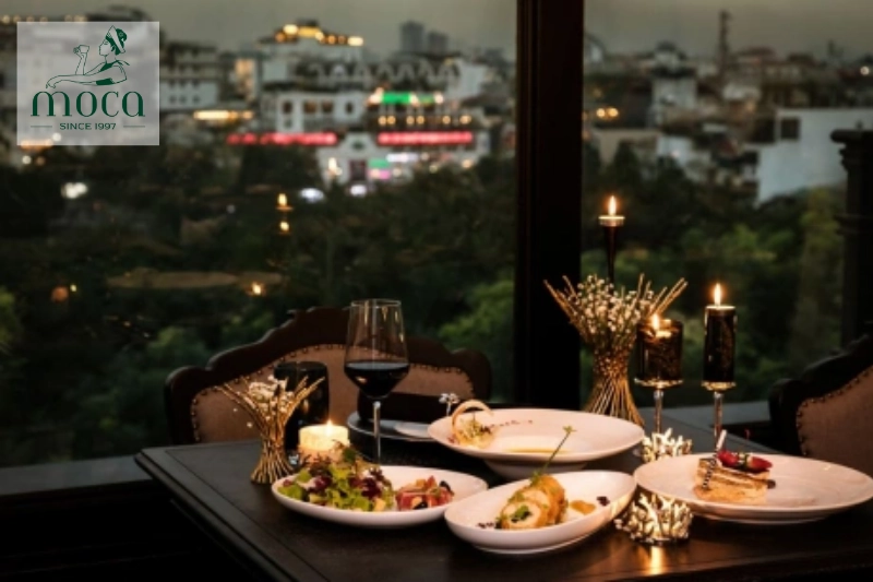 Luxurious ambiance with elegant decor, crystal chandeliers, and art-adorned walls.
