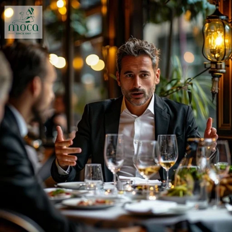 A tailored suit and leather shoes — timeless fine dining style.