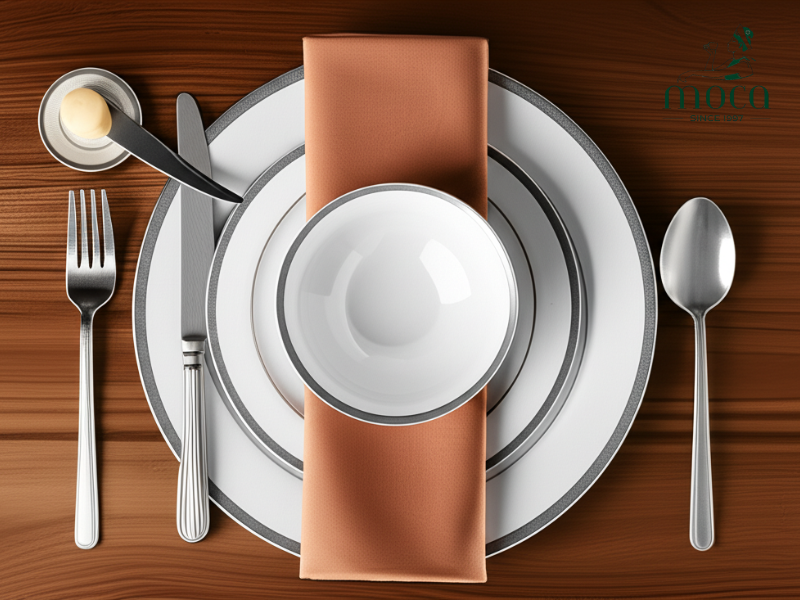 중앙 무대: 차저 플레이트가 세팅의 중심을 잡아주며, 왼쪽에는 빵 접시와 버터 나이프가 있고, 위에는 수프 볼이 준비되어 있으며, 냅킨은 우아하게 접혀 있습니다.